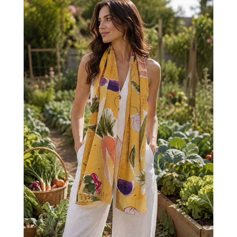 Lucinda 1995 Vintage Yellow Silk Vegetable Garden Print Scarf Botanical Art